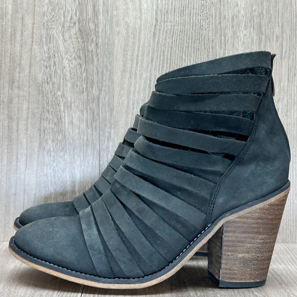 Free People Hybrid Ankle Booties Womens 39 Strappy Leather Zip Block Heel Black - Picture 3 of 12